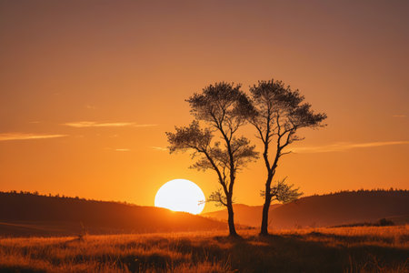 Two tree landscape on the grassland at sunsetの素材