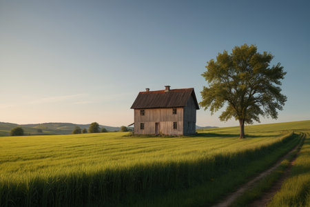 Wooden houses and green trees in the fieldsの素材