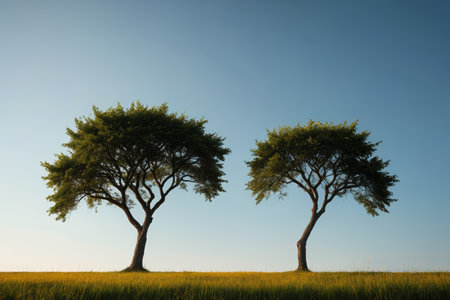 Two trees on the grass and blue sky landscapeの素材