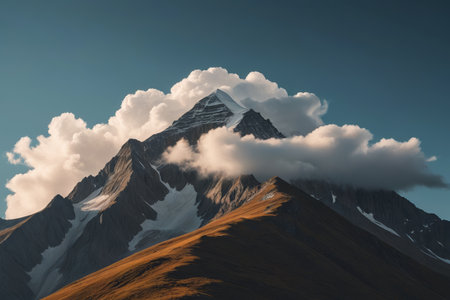 Towering snow capped mountains and shrouded white cloudsの素材