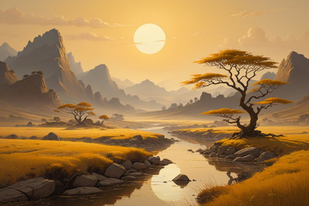 Mountain rivers and lonely tree landscapes at duskの素材