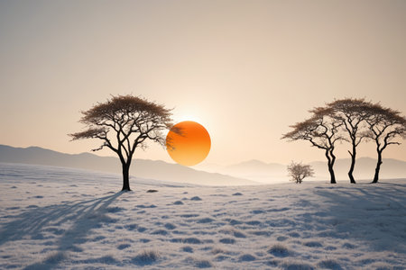 Snow trees and sunset landscapeの素材