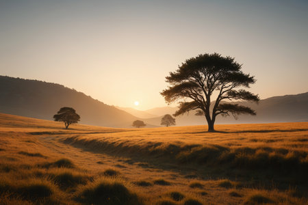 Trees on the grassland and sunrise sceneの素材