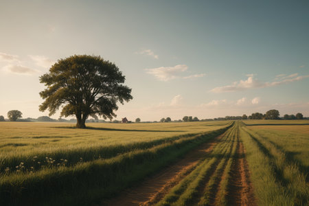 Lonely trees and dirt roads in the fieldsの素材