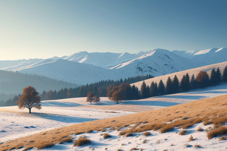 Snow covered hills and mountain forestsの素材