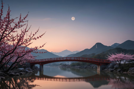 Red Bridge and cherry blossoms in full bloom on a moonlit nightの素材