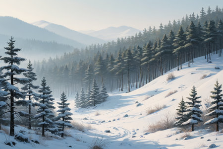 Panoramic view of snow capped mountains and forests in winterの素材