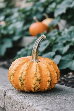 Close up of a pumpkin by a stone outdoorsの素材