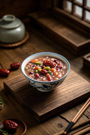 A bowl of Laba porridge on a Chinese wooden tableの素材