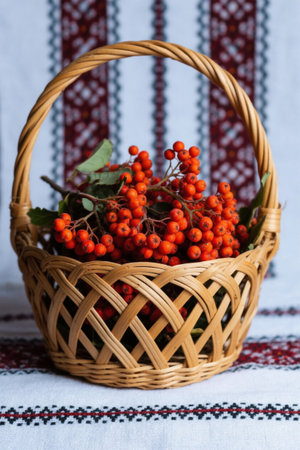 Woven basket with red berriesの素材