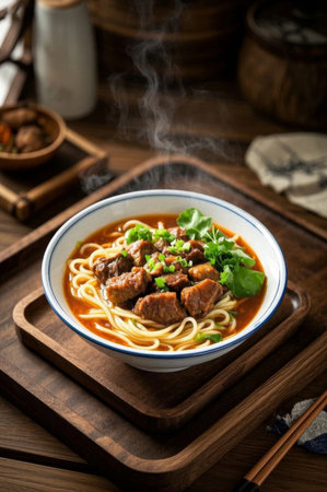 Close up of beef noodles on a wooden plateの素材