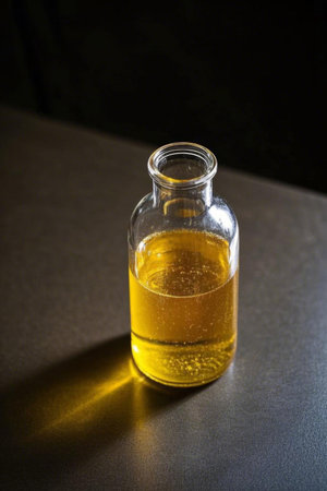 Close up of yellow liquid in a glass bottleの素材