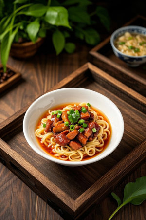A bowl of braised braised pork noodles on a wooden trayの素材