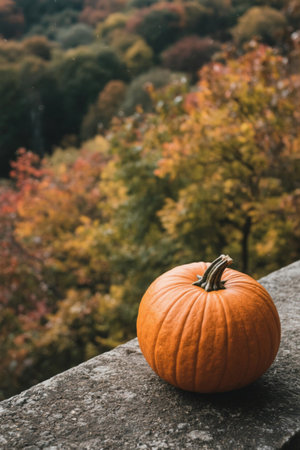 Close up of pumpkins by the stone platform in autumnの素材