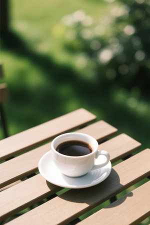 A cup of coffee on an outdoor wooden tableの素材