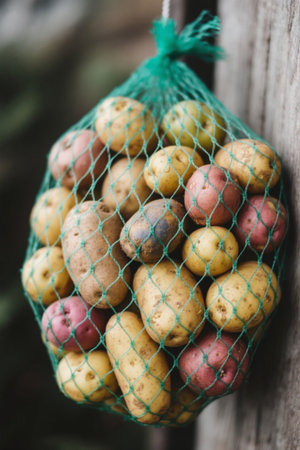 Fresh potatoes in a variety of colors in a mesh bagの素材