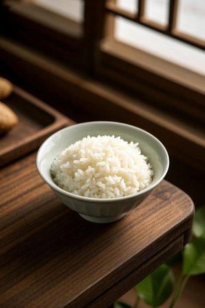 White rice in a porcelain bowl on a wooden tableの素材