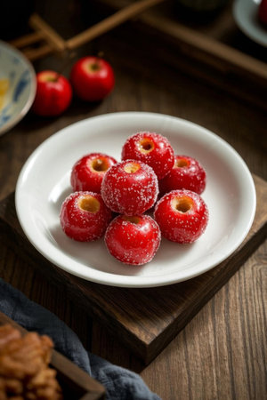 Frosted hawthorn on a wooden table on a white plateの素材