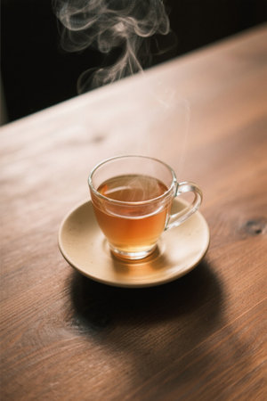 Steaming glass teacup on wooden tableの素材