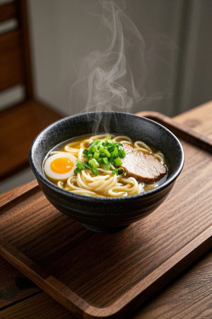 A bowl of steaming ramen noodles on a wooden trayの素材