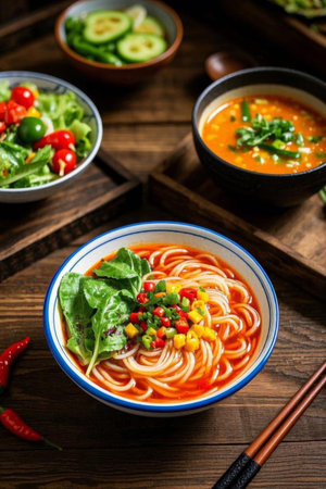 A bowl of specialty noodles on a wooden tableの素材