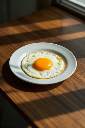 Fried eggs on a plate on a wooden tableの素材