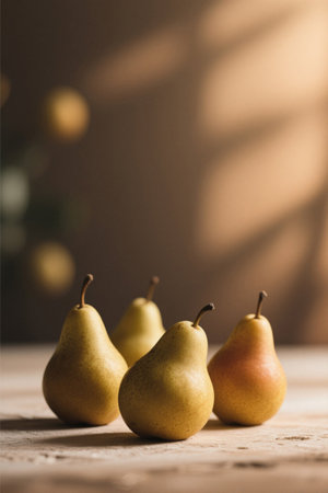 Fresh pears on a wooden tableの素材