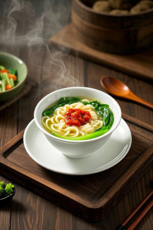 Steaming green noodles on a wooden tableの素材