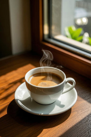 Hot coffee on a wooden table by the windowの素材