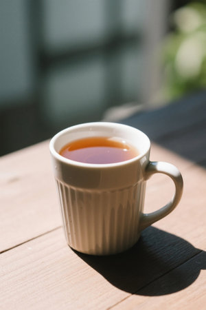 White cup tea on a wooden tableの素材