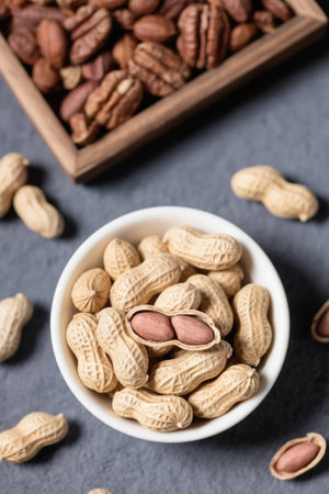 Shelled peanuts in a bowl and nuts on a wooden plateの素材