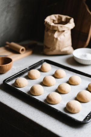 Raw dough baking ingredients on a baking sheetの素材
