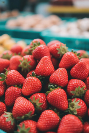 Close up of fresh strawberries in the marketの素材
