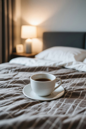 A cup of coffee on the bedの素材