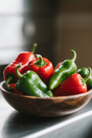 Still Life with Red and Green Chili Peppers in a Wooden Bowlの素材