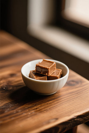 Chocolate chunks in a white bowl on a wooden tableの素材