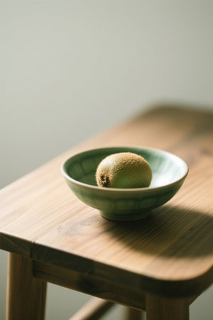 Kiwi fruit in a green bowl on a wooden tableの素材