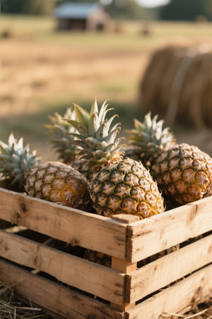 Fresh pineapple in a wooden boxの素材