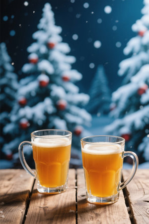 Two beers on a wooden table in front of the winter sceneryの素材