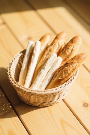 Baguette in basket on wooden tableの素材