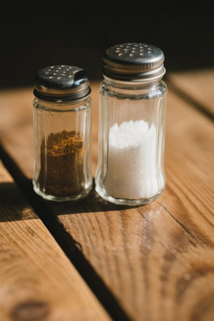 Salt and spice jars on wooden tablesの素材