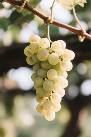 Strings of green grapes hanging from the branchesの素材
