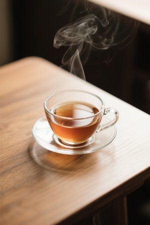 Steaming glass teacup on wooden tableの素材