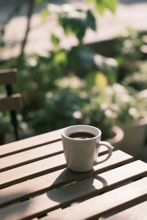 A cup of coffee on an outdoor wooden tableの素材