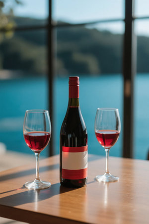 Red wine bottle and two glasses of red wine at the tableの素材