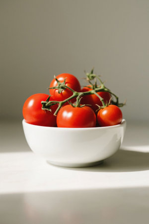 Fresh red tomatoes in a white bowlの素材
