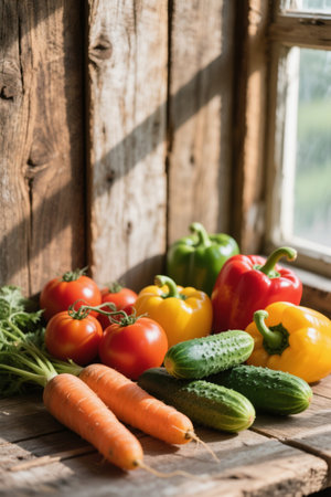 Fresh vegetables on a wooden table by the windowの素材