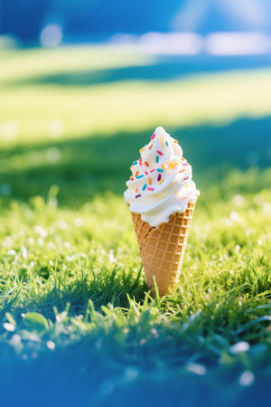 Ice cream cone on the grassの素材