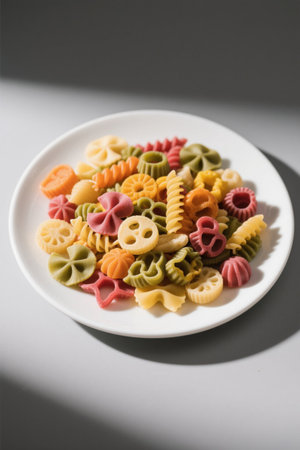 Colored pasta on a white plateの素材
