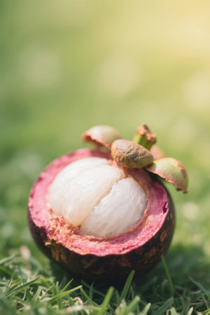 Peeling mangosteen fruits on the grassの素材